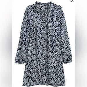 H&M | Womens Blue Floral Print Dress w/ Ruffle Collar Neck Tie - Size 8